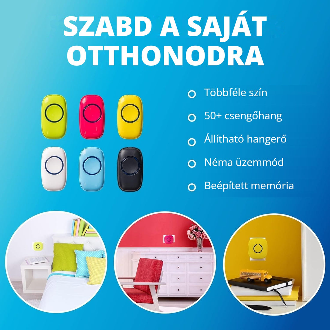 Vezeték nélküli ajtócsengő – többféle szín, 50+ csengőhang, állítható hangerő