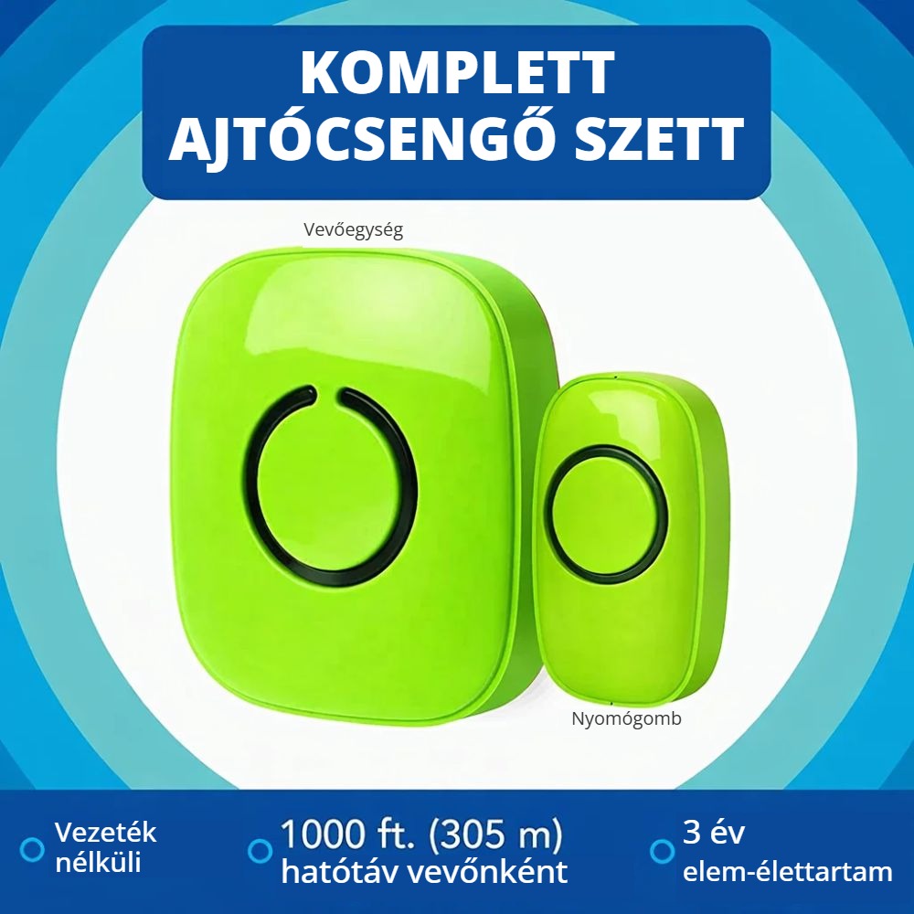 Vezeték nélküli ajtócsengő szett – vevőegység és nyomógomb, 305 m hatótáv
