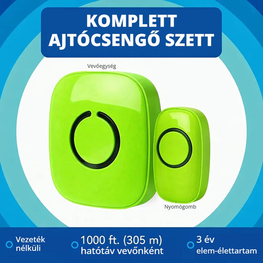 Vezeték nélküli ajtócsengő szett – vevőegység és nyomógomb, 305 m hatótáv
