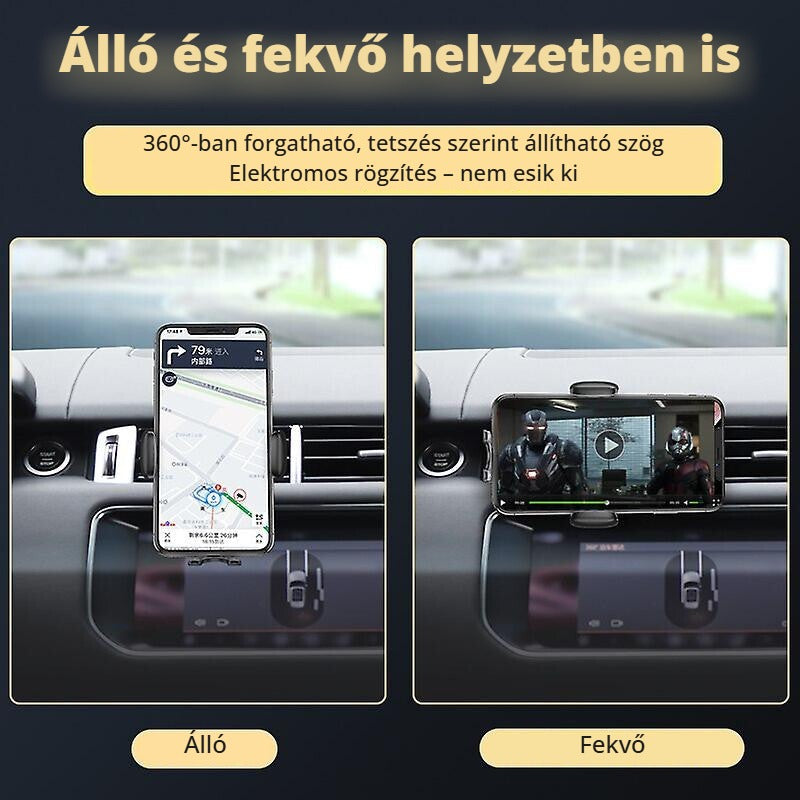 Autós telefontartó töltő álló és fekvő helyzetben