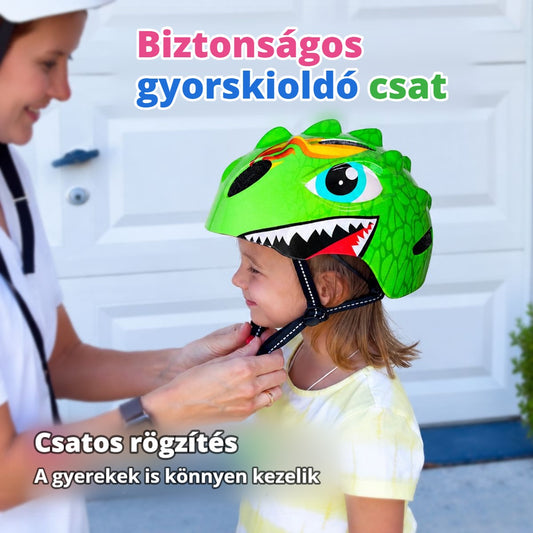 Zöld dinoszauruszos gyerek bukósisak gyorskioldó csatjának bekapcsolása az áll alatt
