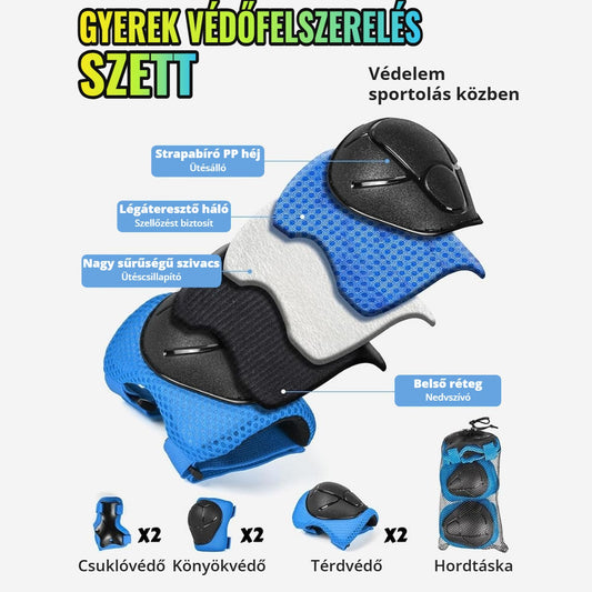 Gyerek védőfelszerelés szett: térdvédők, könyökvédők, csuklóvédők és tárolótáska