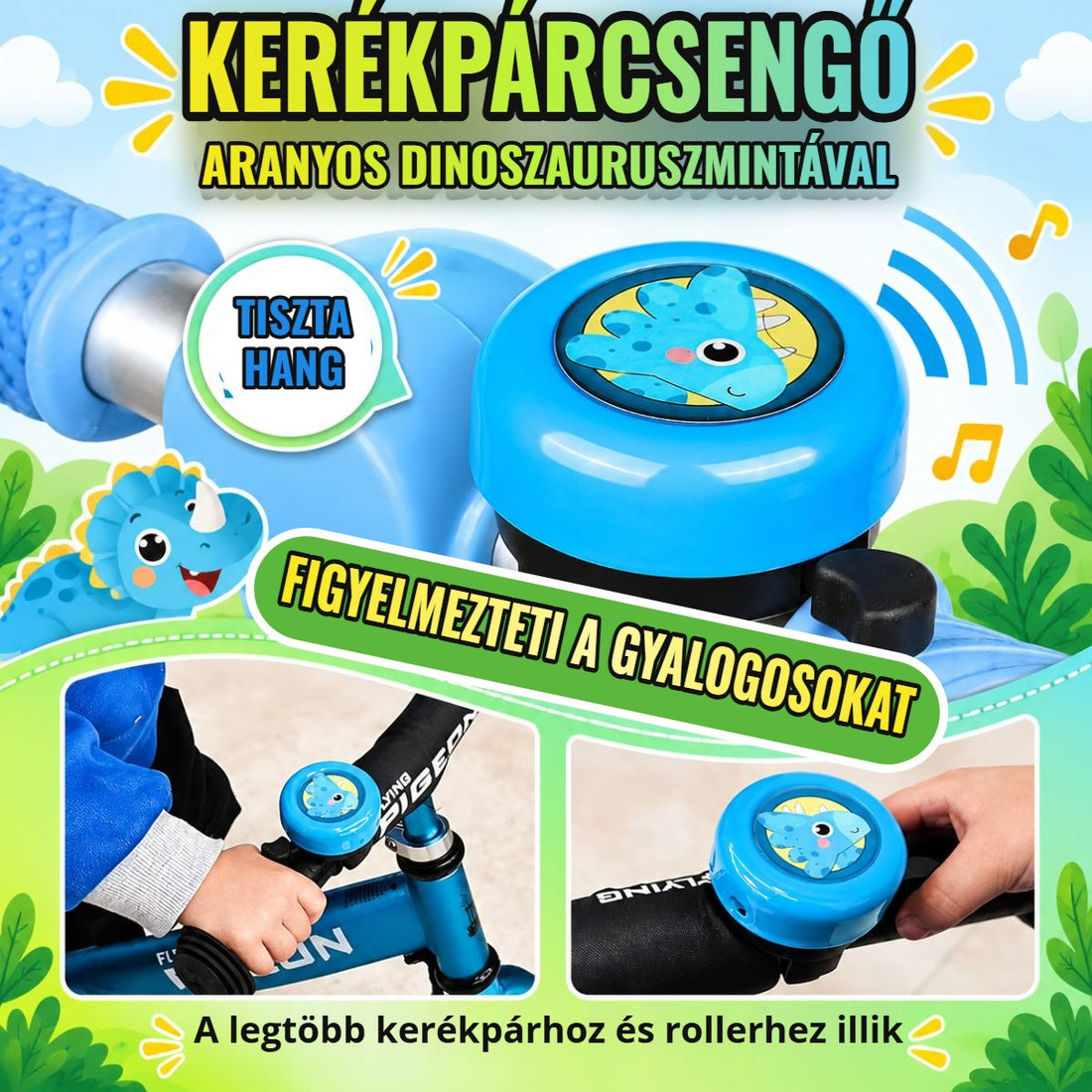 Dinoszauruszmintás kerékpárcsengő gyerekbiciklire és rollerre szerelve