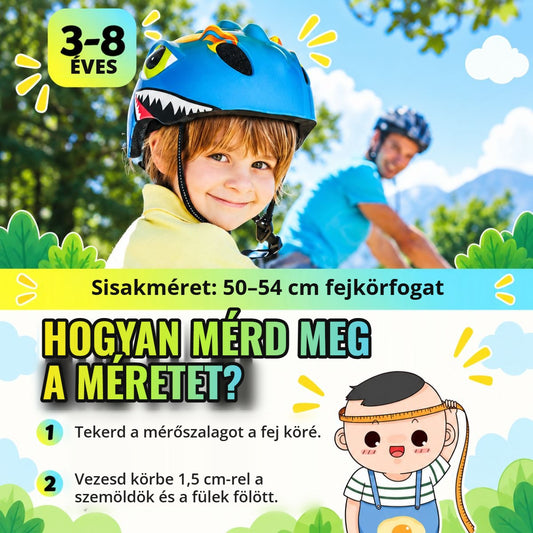 Kék dinoszauruszos gyerek bukósisak 50–54 cm-es fejkörfogathoz, fejméret mérése