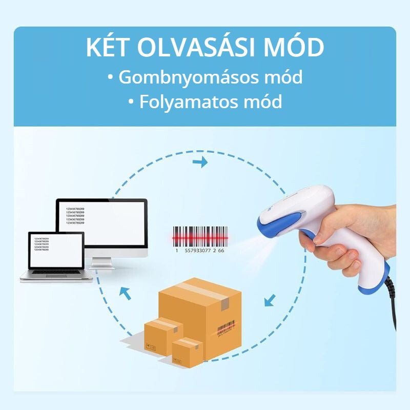Tera vonalkódolvasó két olvasási móddal – gombnyomásos és folyamatos