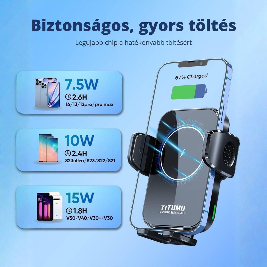 Yitumu A26 vezeték nélküli autós töltő – biztonságos, gyors töltés