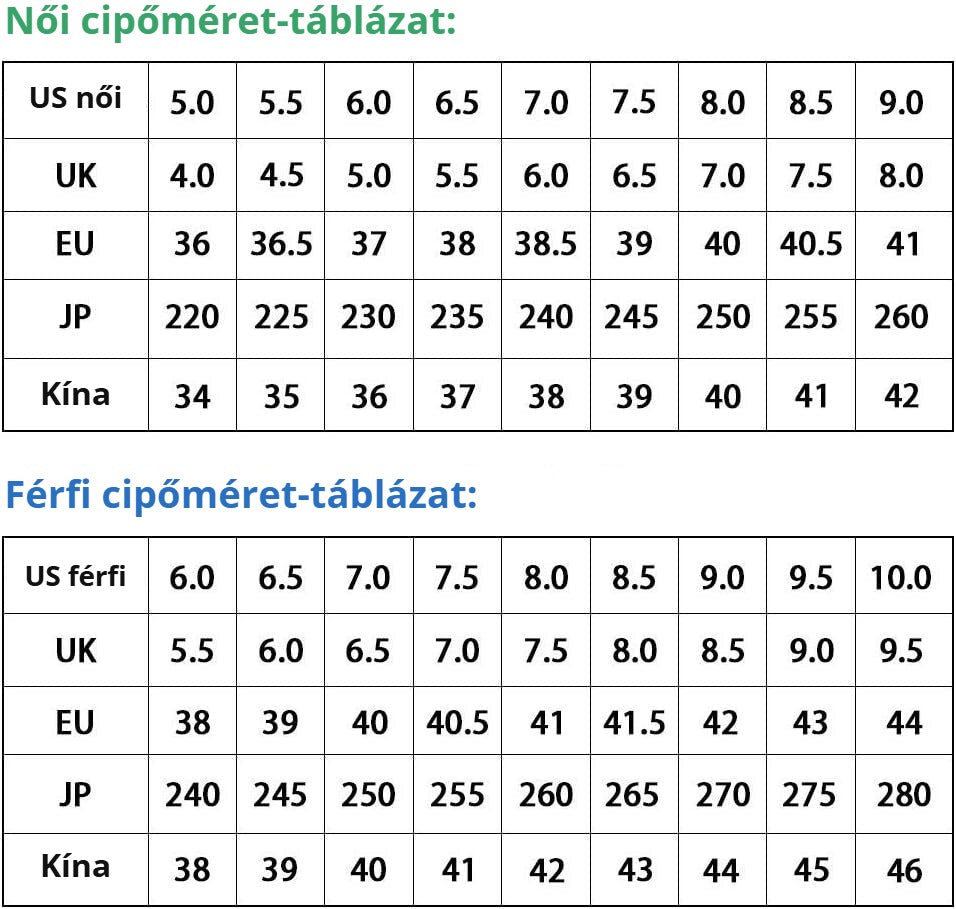 Zhjing férfi papucs – cipőméret-táblázat
