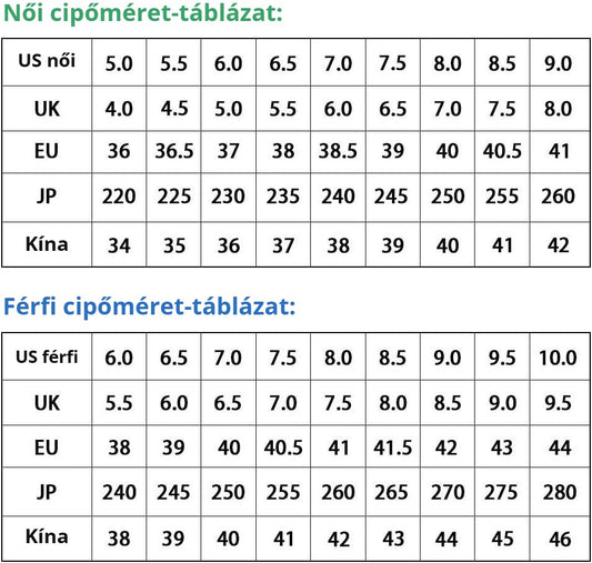 Zhjing férfi papucs – cipőméret-táblázat