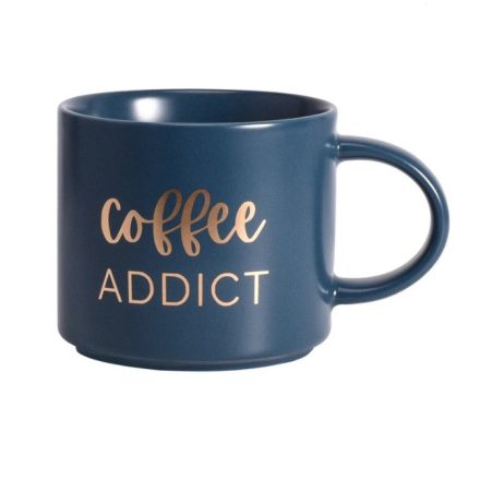 "Coffee ADDICT" Feliratú Elegáns Kerámibögre 410ml-es (Kék, Arany Felirattal)