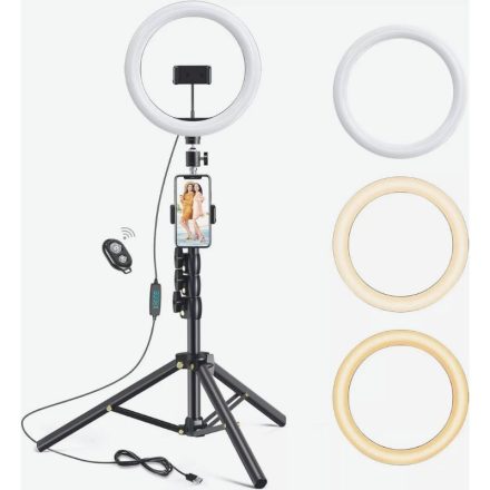 LETSCOM F-533 26 cm LED Szelfi Gyűrűs Lámpa Állvánnyal és 2 Telefontartóval