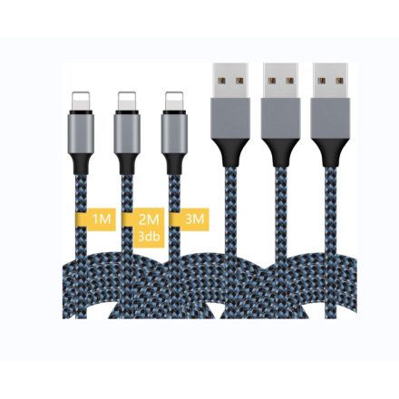 iPhone Töltő Kábel Szett - 5 Darabos, Fonott Nylon Kivitel (1m, 2mx3 db, 3m) - Mélykék És Fekete