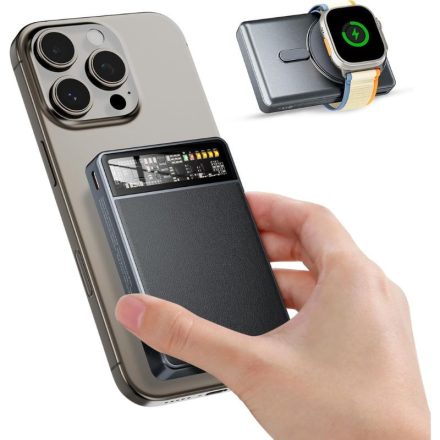 KPON Mágneses Power Bank 10000mAh Magsafe iPhone és Apple Watch Töltővel - Karbonfekete
