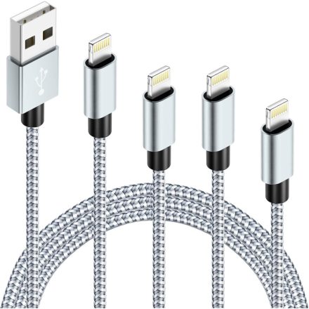 iPhone Töltőkábel 4 db – 1 m, Fonott Nylon, Fehér-Szürke, Lightning Kábel Szett